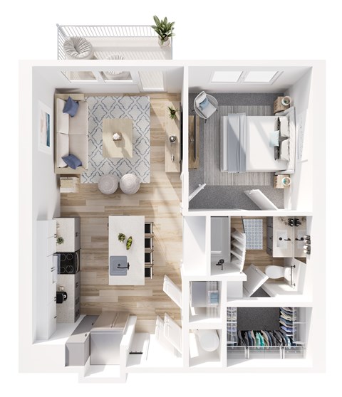 A white and wood interior design layout with a kitchen, living room, and bedroom.